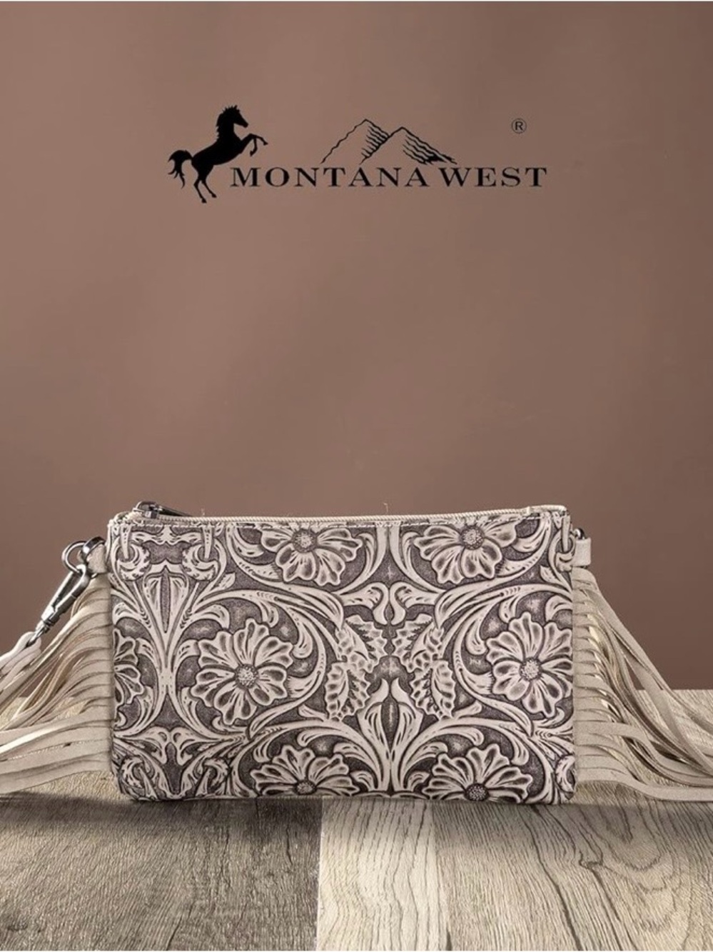 NWT Montana West Khaki/Sand Floral Embossed Fringe Crossbody Wristlet